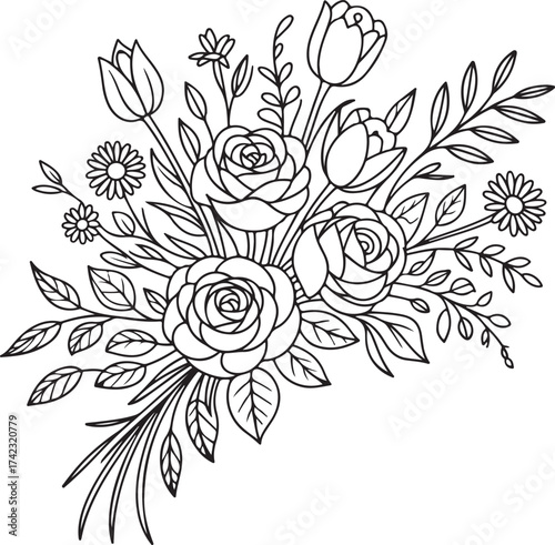 Line art floral arrangement with roses tulips and daisies Keywords: floral, arrangement, bouquet