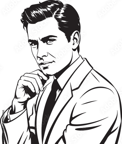 Pop art style drawing of a man in a suit with hand on chin Keywords: man, portrait, suit, thinking