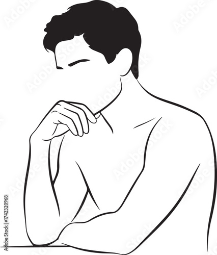 Minimalist line art of a man's upper body in contemplation Keywords: man, male, thinking