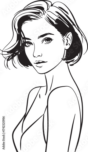Stylized black and white portrait of a woman with short wavy hair and striking eyes Keywords: woman