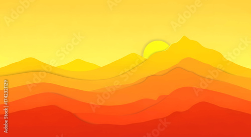 Minimalist layered mountain range landscape with a warm orange and yellow sunset sky in a modern flat vector illustration style