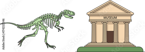 Dinosaur skeleton near museum building, educational history illustration for kids learning, prehistoric fossil exhibit, science and archaeology art concept