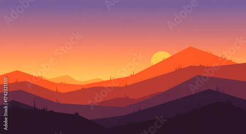 Vibrant vector illustration of a minimalist mountain landscape at sunset, featuring layered silhouettes and a warm orange and purple color palette