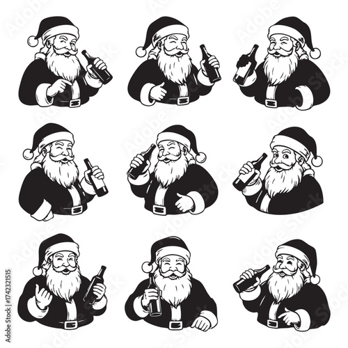 Funny Santa Claus Drinking Beer Vector Set - Christmas Party Illustrations
