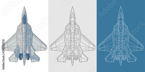 Set sukhoi su 57 military aircraft design in blueprint, lineart and colored style from top view. Vector illustrations colorful fighter jet. Russia fifth generation warplane.