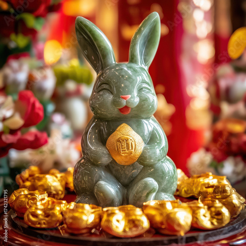 Jade rabbit statue with gold coins for Lunar New Year