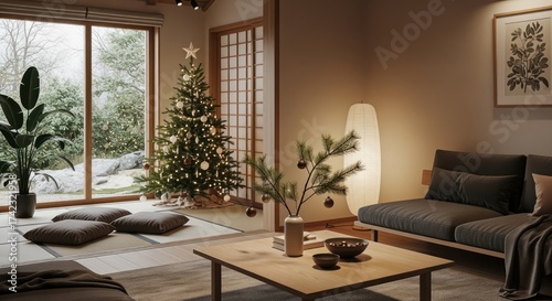 Stylish Christmas tree shines in serene neutral home interior, cozy and inviting for holiday gatherings and winter celebrations