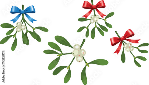Festive mistletoe branches with red and blue ribbons, Christmas decoration elements, holiday greenery and berries for seasonal design projects