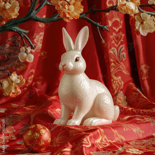 White jade rabbit statue on red silk fabric with blossoms