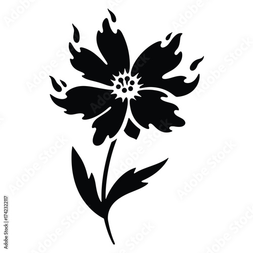 Black flower illustration with flames like petals on white background