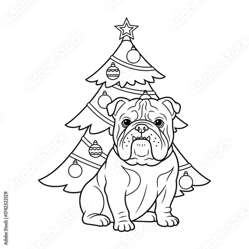 English bulldog sitting in front of a decorated Christmas tree. Holiday vector coloring page design.