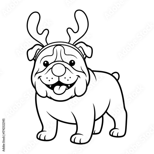 Happy cartoon bulldog wearing reindeer antlers. Christmas holiday vector for a coloring page.