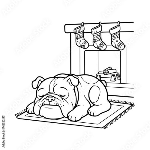 Cute bulldog sleeping on a rug by the Christmas fireplace. Cozy holiday vector coloring page.