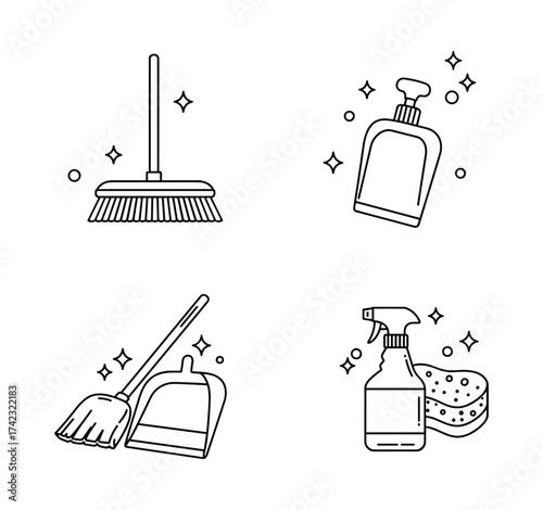 Cleaning tools line icons set
