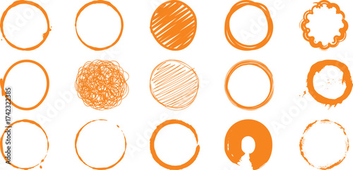Collection of 15 Hand-Drawn Orange Circles and Rings on White Background
