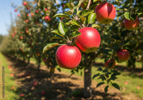Apple tree branch bearing multiple ripe fruits in a sunlit orchard during late afternoon