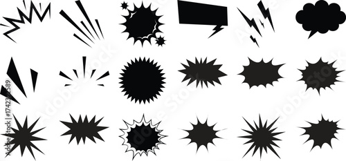 Collection of Black Comic Book Style Explosion and Speech Bubble Graphics