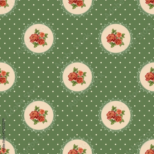 Seamless vintage pattern features detailed red rose bouquets in circular lace-trimmed medallions. These medallions are evenly spaced over a dark sage green background dotted with small white polka dot