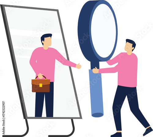 Business person looking at telescope and reflecting in mirror. Concept business searching vector illustration,

