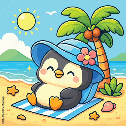 Cute penguin cartoon sunbathing on beach illustration summer vacation vector image for kids and adults