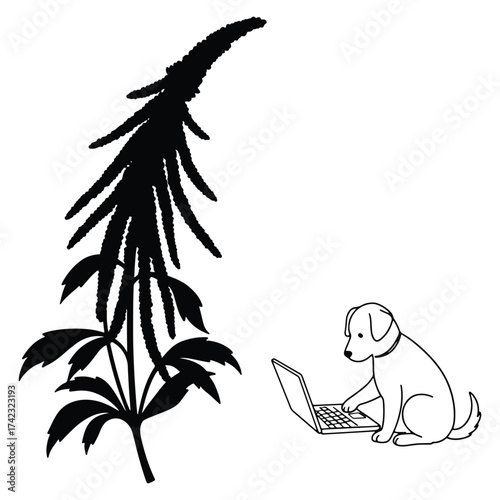 Dog Working on Laptop Near Plant Vector Illustration Concept Design