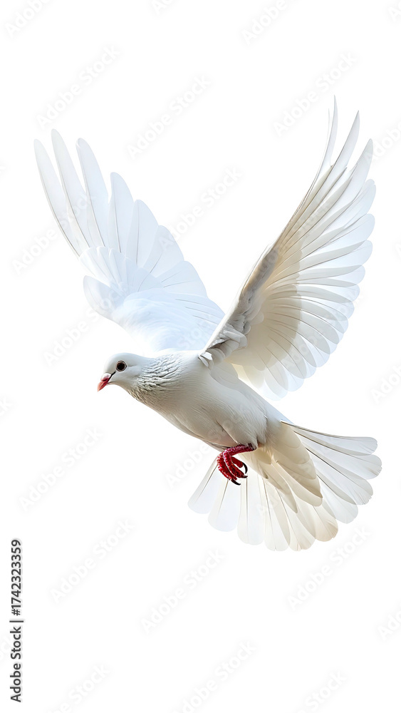 Obraz premium A beautiful white dove flying with its wings spread wide in a clear sky.