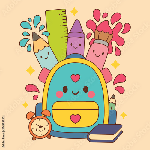 Cute back to school illustration backpack with school supplies pencil crayon ruler and paintbrush art