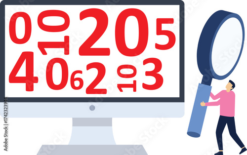 Businessman with magnifying glass looking at the numbers inside the computer

