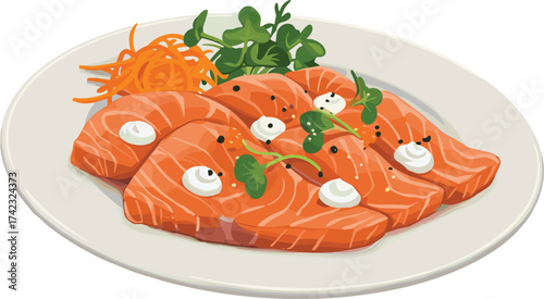 Fresh salmon sashimi illustration on white plate with greens and garnish, healthy seafood meal, Japanese cuisine, gourmet food concept