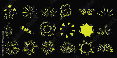 Collection of Yellow Comic Book Style Explosions and Sparkle Effects on Black