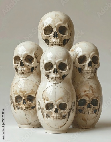 Nesting dolls resembling skulls, arranged on a white background