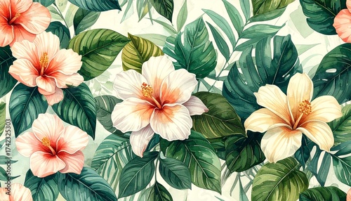 A seamless botanical pattern showcasing a harmonious blend of tropical leaves, exotic flowers, and natural foliage. Designed with intricate detail and subtle watercolor textures