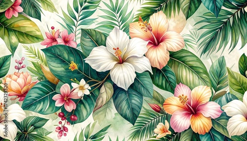 A seamless botanical pattern showcasing a harmonious blend of tropical leaves, exotic flowers, and natural foliage. Designed with intricate detail and subtle watercolor textures