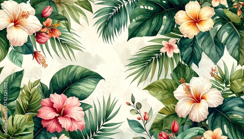 A seamless botanical pattern showcasing a harmonious blend of tropical leaves, exotic flowers, and natural foliage. Designed with intricate detail and subtle watercolor textures