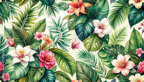 A seamless botanical pattern showcasing a harmonious blend of tropical leaves, exotic flowers, and natural foliage. Designed with intricate detail and subtle watercolor textures
