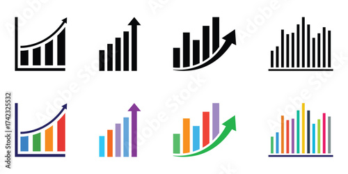 Bar graph icon. Set of  chart for report icon. Bar chart with arrow flat icons vector illustration.  EPS 10