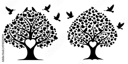 Vector art of silhouette of tree with heart and bird, decorative design element for your creative ideas