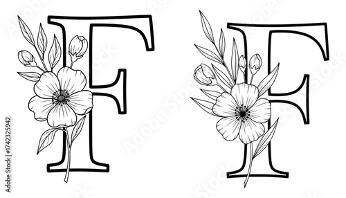 Vector art of letter f with flower floral alphabet hand drawn vector illustration