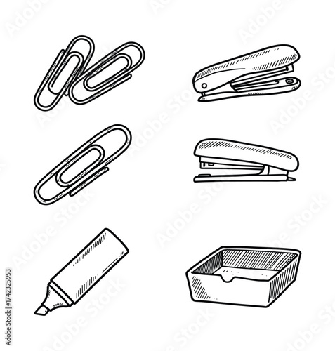 Office supplies doodle icon set