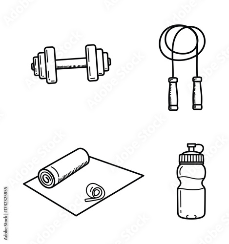 Fitness and gym equipment doodle icon set