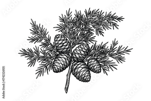 Pine branch with cones engraving