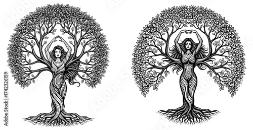Vector art of two tree spirit illustrations, nature goddess with branches and leaves
