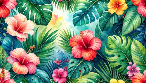 A vivid tropical botanical seamless pattern highlighting palm fronds, monstera, and hibiscus flowers in bright watercolor tones. Ideal for fabrics, wallpapers, packaging, and digital backgrounds.