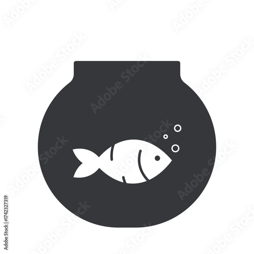 Isolated pictogram of fish tank with swimming fish and air bubbles, symbol for aquarium, marine life, and aquatic pet care.
