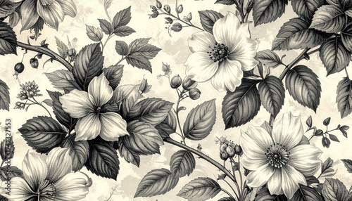 A seamless vintage botanical pattern inspired by 19th-century engravings, with intricate etching lines of vines, wildflowers, and delicate leaves. Perfect for packaging, textiles, and stationery.