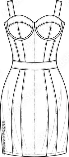 Fitted dress sketch, structured bodice fashion design, panel seam dress, tailored silhouette garment, women evening wear illustration, technical clothing drawing