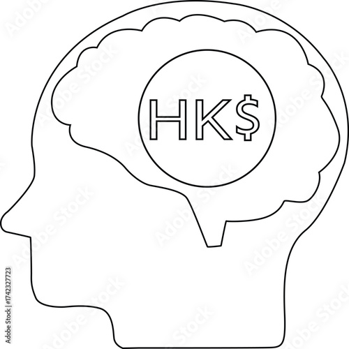line icon of human brain head and Hong Kong dollar coin icon