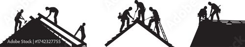 Roofing construction workers silhouette building repair house renovation project