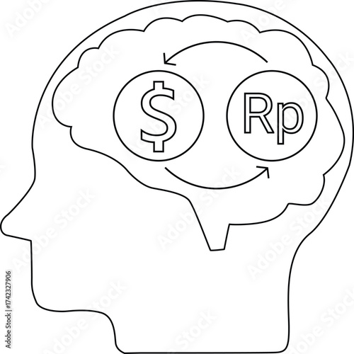 line icon of human brain head and icon of converting dollar coins to rupiah coins