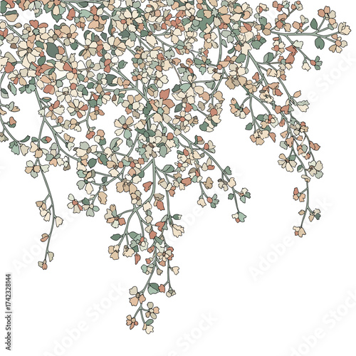 delicate floral branches with muted pastel colored blooming buds hanging down gracefully